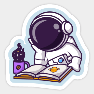 Cute Astronaut Reading Book With Space Coffee Cartoon Sticker